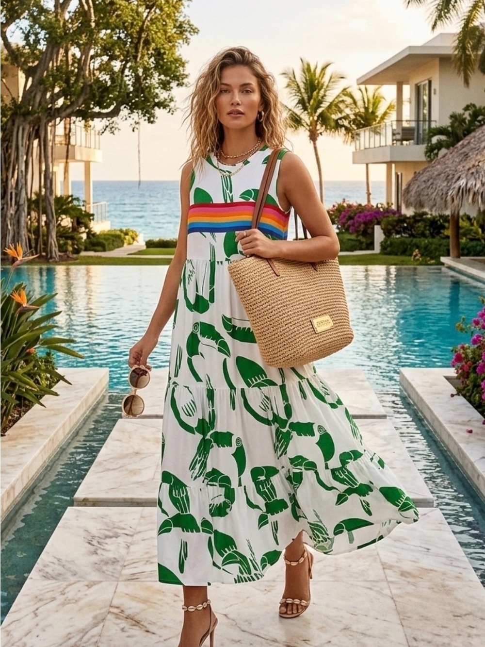 Farm Rio Off-White Rainbow Toucans Organic Cotton Maxi Dress